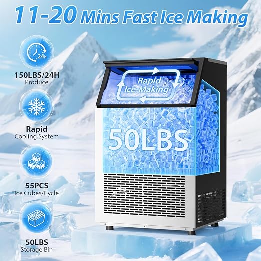 Commercial Ice Maker Machine, 150lbs/24H Stainless Steel Under Counter ice Machine with 55 Ice Cubes, Self-Priming Gallon Water& Facuet Water Inlet, Self Clean,45LB Storage Bin for Bar, Garage, Home