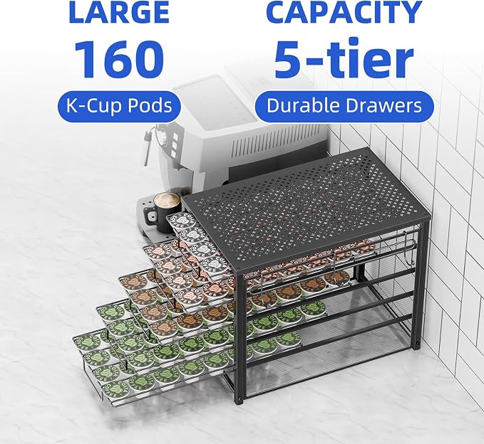 Simple Trending 5 Tier Coffee Pod Holder for K Cup, 160 Pod Pack Capacity Rack, Metal, Black