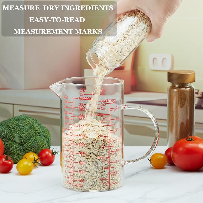 Ackers Mirror Graduated Glass Measuring Cup - [Insulated Handle | V-Shaped Spout] - High Borosilicate Glass Measuring Cup for Kitchen or Dining, Easy to Read, 1000ml (32oz, 4 Cup)
