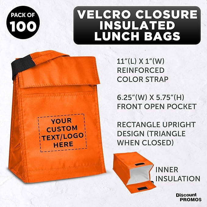 DISCOUNT PROMOS 100 Hook and Loop Insulated Lunch Bags Set - Customizable Text, Logo - Polyester, Durable, Vibrant, Reusable - Orange