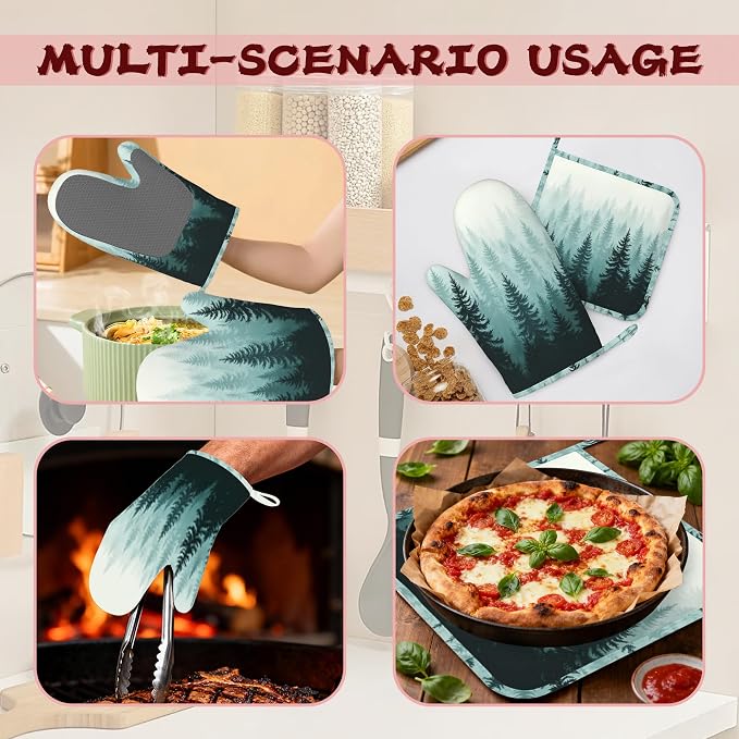 Misty Forest Silicone Oven Mitts and Pot Holders,Heat-Resistant 4 Piece Kitchen Set Non-Slip Oven Gloves and Hot Pads for Cooking, Baking, Grilling,BBQ