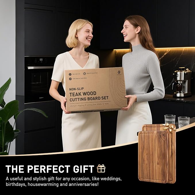 2 Pack Teak Cutting Boards for Kitchen Wood Wooden Cutting Board Non Slip | Non Toxic, Over Sink, NOT Bamboo Stainless Steel Titanium Acrylic Acacia Olive, Space-Saving, Kitchen Gift for Mom