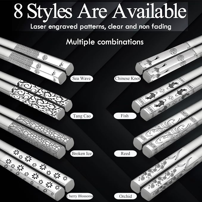Metal Chopsticks Reusable,18/8 Stainless Steel,Tang Cao, 5 Pairs | Gift Box Set,ishwasher Safe, Square Lightweight, Non-Slip,Easy to clean