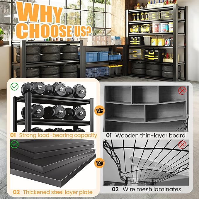 62" H Garage Shelving, Heavy Duty Storage Shelves, Garage Storage Shelves, Adjustable 5 Tier Metal Shelving Unit, Utility Shelves for Warehouse Backyard, 62" H×27.6" W×12" D