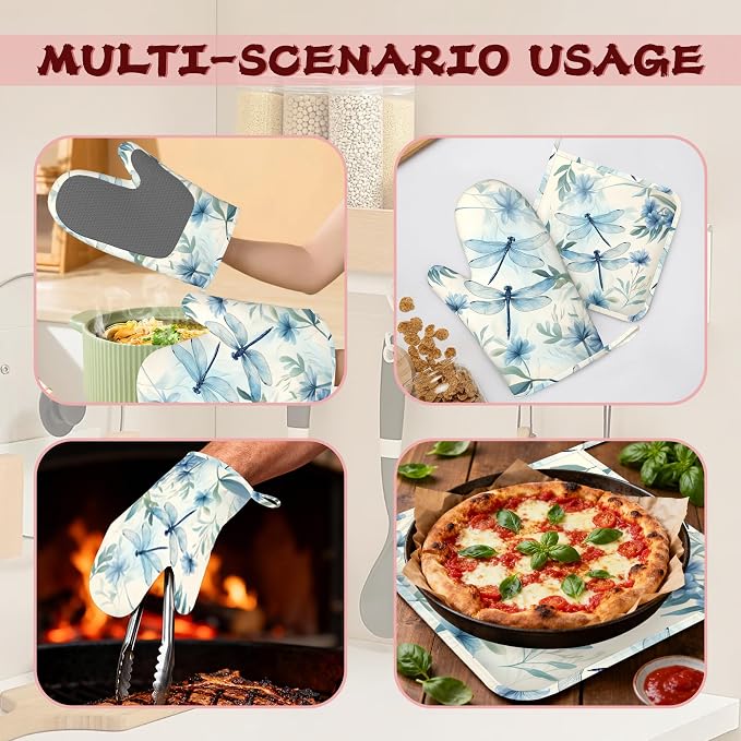 Vintage Dragonfly Silicone Oven Mitts and Pot Holders,Flower Plant Heat-Resistant 4 Piece Kitchen Set Non-Slip Oven Gloves and Hot Pads for Cooking, Baking, Grilling,BBQ