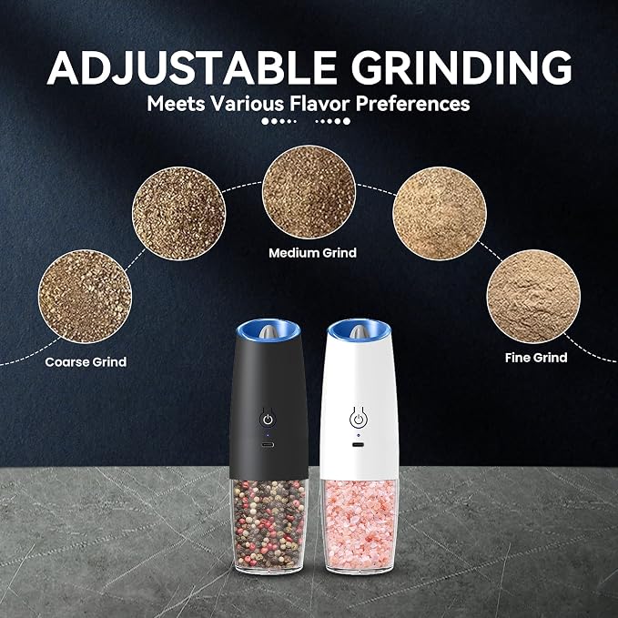 UNNEES Rechargeable Electric Salt and Pepper Grinder set of 2, gravity electric salt and pepper grinder set, Adjustable Roughness, LED Light, 2 Pack, (Black&White)