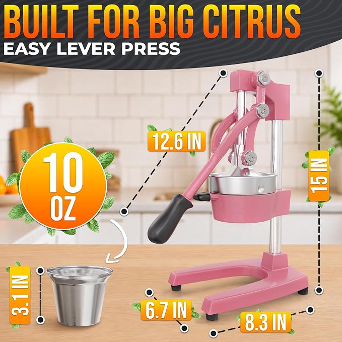 Cast Iron Juicer Hand Press, Heavy-Duty Squeezer, 304 Stainless Steel Bowl – One Pull Extracts Full Juice – Manual Citrus Press Juicer & Orange Squeezer for Lemon, Lime & Lemonade at Home Bar (Pink)