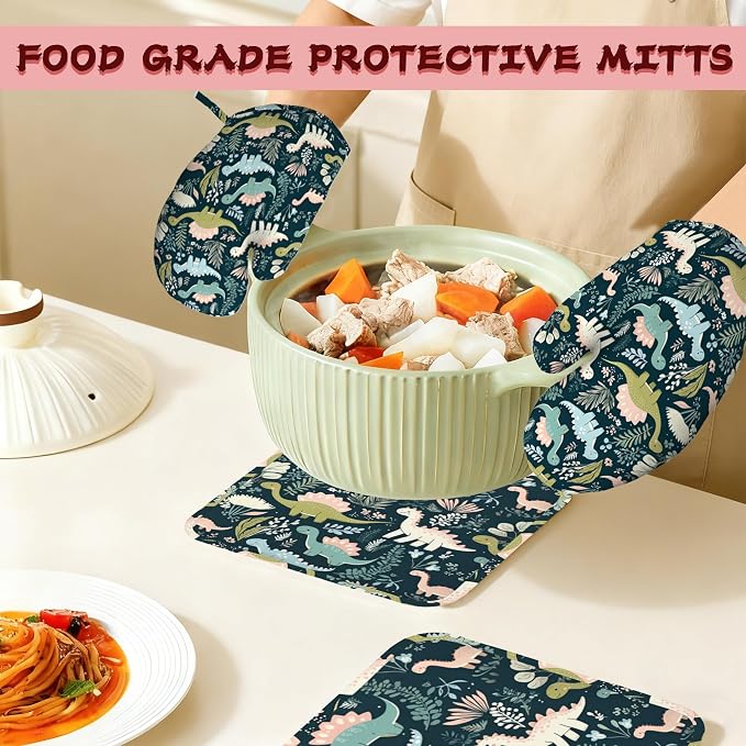 Cute Dinosaur Heat-Resistant Silicone Oven Mitts and Pot Holders 4 Piece Set,Extra Long Non-Slip Kitchen Oven Gloves for Cooking, Baking, BBQ,Grilling