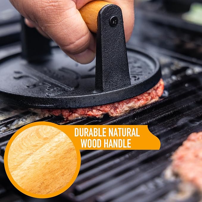 SMASHER KING™ - Smash Burger Press - Cast Iron Burger Smasher | Hamburger Patty Maker - Smash Burger Kit With 25 Sheets Of Paper - Grill Press And Steak Weight And Heavy Meat Smasher