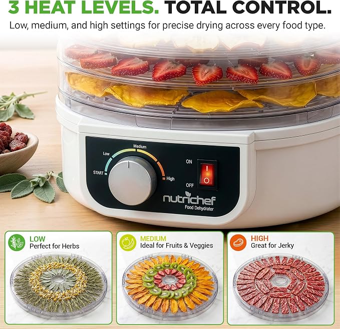 NutriChef Food Dehydrator - Dehydrate Beef Jerky, Meat, Mushrooms, Fruits & Vegetables at Home | Utilizes High-Heat Circulation for Even Dehydration | Includes 5 Easy-to-Clean Trays | White