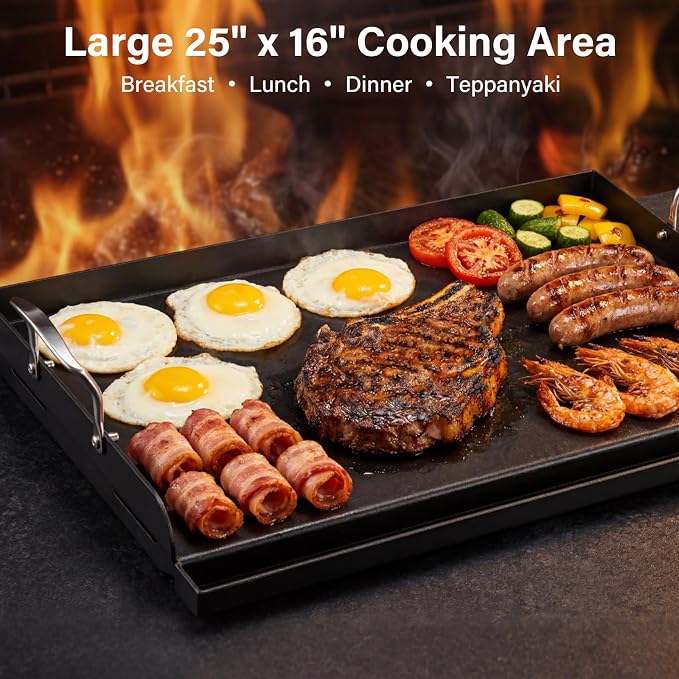 25"x16" Nonstick Cast Iron Griddle for Gas Grill - 23lb Heavy Duty - Universal Flat Top with Reinforced Ridges & High Sidewalls, Fits Gas/Charcoal Grills (Weber, Charbroil, Nexgrill)