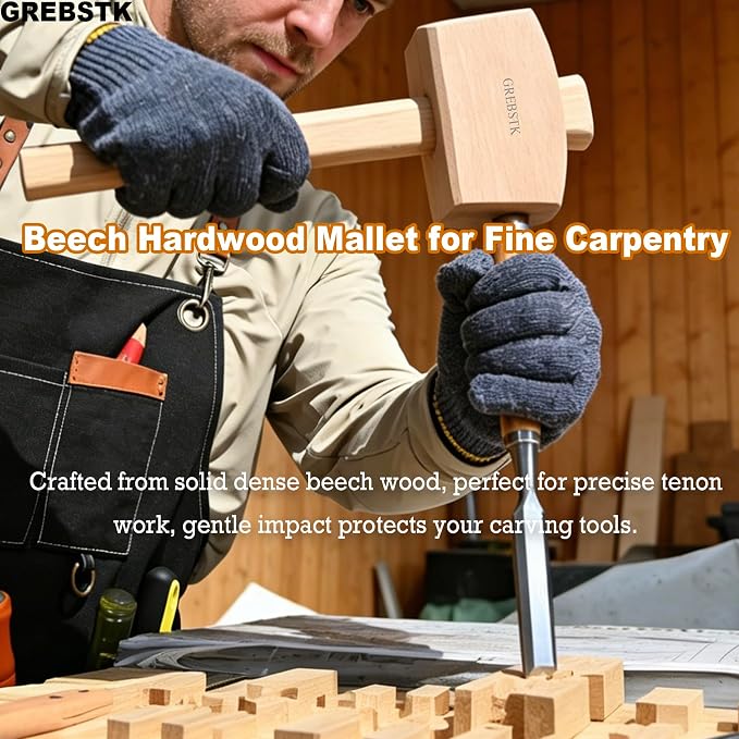 GREBSTK Unfinished Solid Beech Wood Mallet for Home Bartending & Workshop | Unfinished Natural Wood, Sweat-Absorbing Non-Slip Grip, Raw Tactile Texture, No Varnish or Oil, Precise Control for Tasks