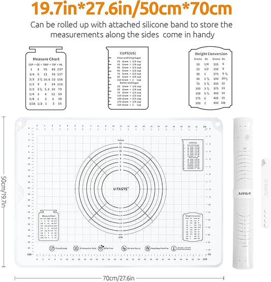 U-Taste 28"x20" Large Pastry Mat: Food-Grade Liquid Silicone Dough Rolling Baking Sheet, Non-Stick Non-Slip for Kneading, Making Pizza, Fondant with Clear Measurement and Raised Edges (Transparent)