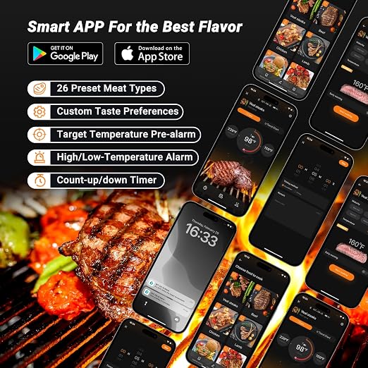 Bluetooth Meat Thermometer with App Remote Control，IP67 Waterproof Wireless Thermoemter for BBQ, Grill, Smoker, Oven, Rotisserie，Ideal for Continuous Cooking, Easy to Clean and Storage