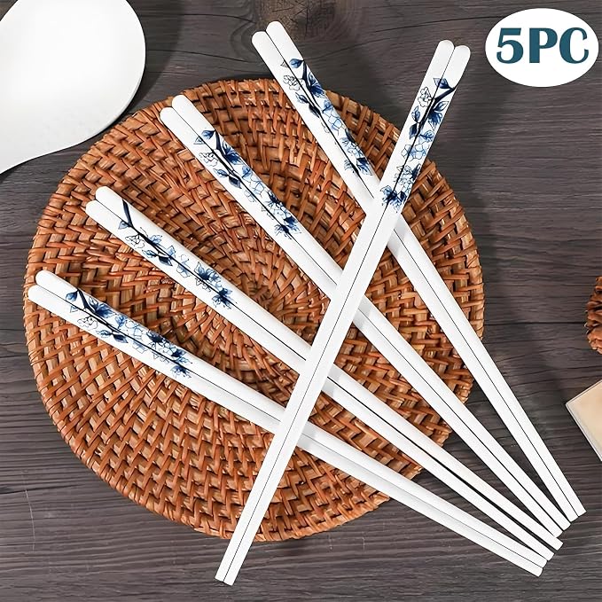 Ceramic Chopsticks Reusable,5 Pairs Porcelain Chop sticks,Blue Bird,9.7'' | Easy to Clean,Dishwasher Safe,Heat Resistant,9.7'',with a Gift case,Cooking Chopsticks,High-grade Bone China Porcelain