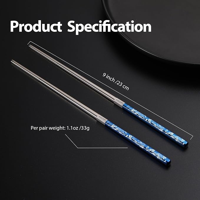Hagary Carp Reusable Chopsticks Square Metal Stainless Steel 316 18/10 Non-Slip Dishwasher Safe Designed In Korea Japanese Style (Blue - 2 Pairs)