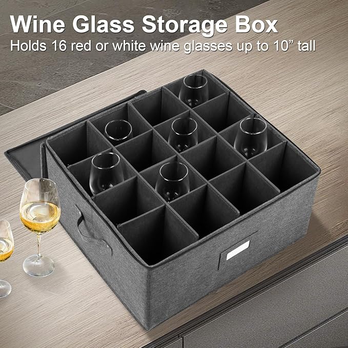 popoly Stemware Storage Cases, Wine Glass Storage Box Containers with Dividers for Glassware or Crystal, Holds 16 Red or White Wine Glasses, Hard Top and Stackable (Grey) | Glassware Storage Containers for Glassware or Crystal, Holds 16 Red or White Wi...