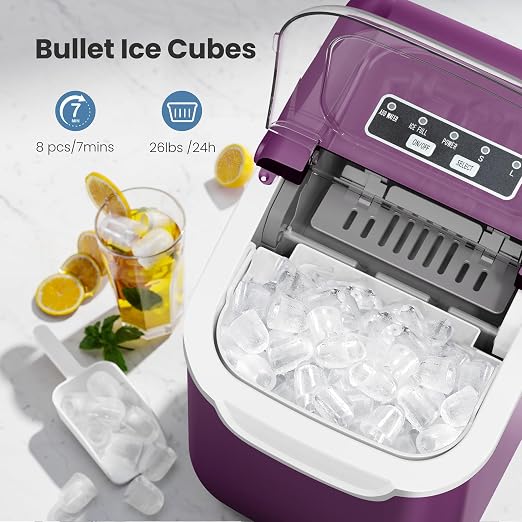 Countertop Portable Ice Maker Machine with Handle, 8 Bullet-Shaped Ice Cubes Ready in 6 Mins, 26Lbs/24H, Self-Cleaning Function with Ice Scoop and Basket for Home/Kitchen/Party (Purple)