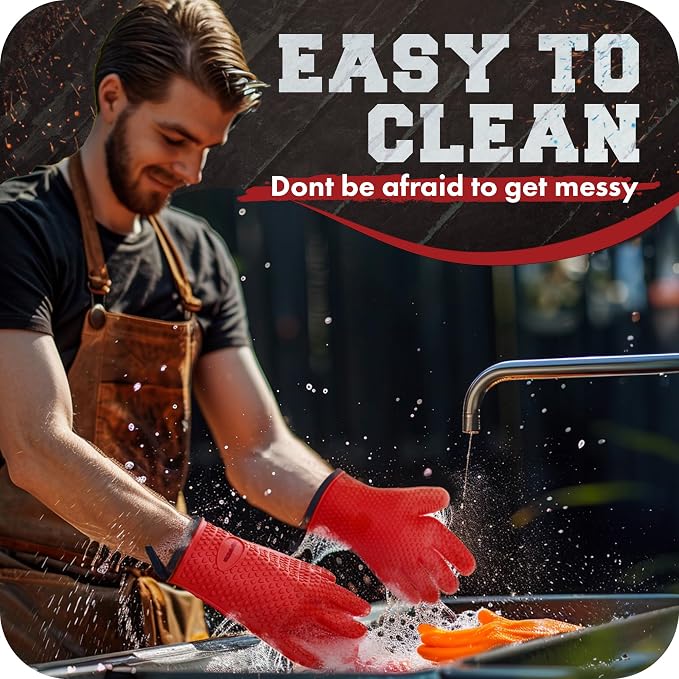 KITCHEN PERFECTION Silicone Smoker BBQ Gloves - Heat Resistant Oven Mitts | Waterproof, 5-Finger Design For A Better Grip, for Pitmasters, Meat Smoking, Grilling, Cooking, Frying Turkey | Grill Gift