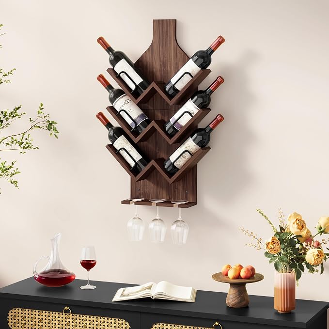 Hoctieon Wine Rack Wall Mounted, 6 Bottles Wood Wine Rack for Display and Storage, Hanging Bottle Holder Bar Shelves for Living Room, Kitchen, Dining Room, Wine Cellar, Walnut