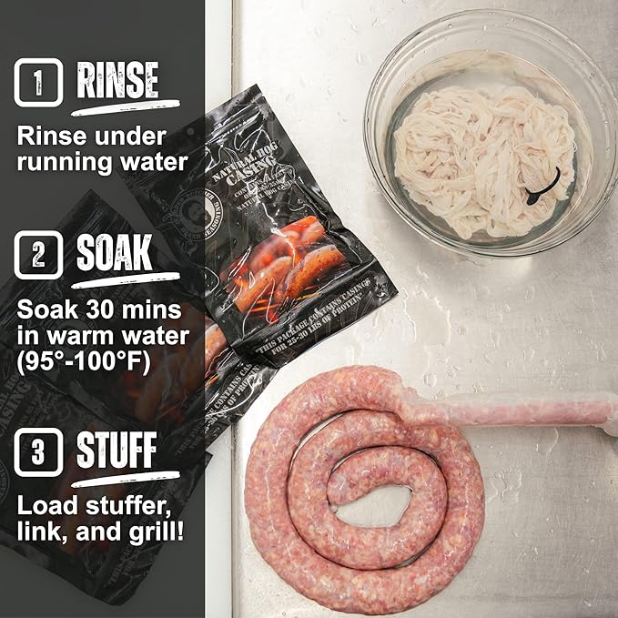 Bearded Butchers Natural Hog Sausage Casings 32-35mm, Edible Pre-Flushed | Stuffs 25-30 lbs, natural snap & bite, resealable brine bag, for bratwurst, Italian sausage, kielbasa, hot dogs, Polish