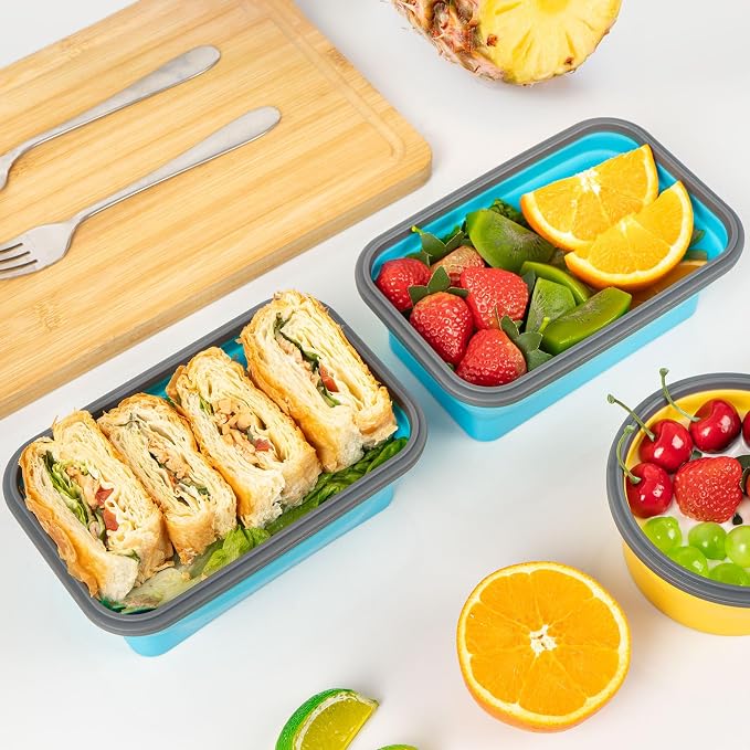 Collapsible Silicone Food Storage Containers Set with Lid & Air Vent,Foldable Lunch Containers (8PCS,Blue,27oz)