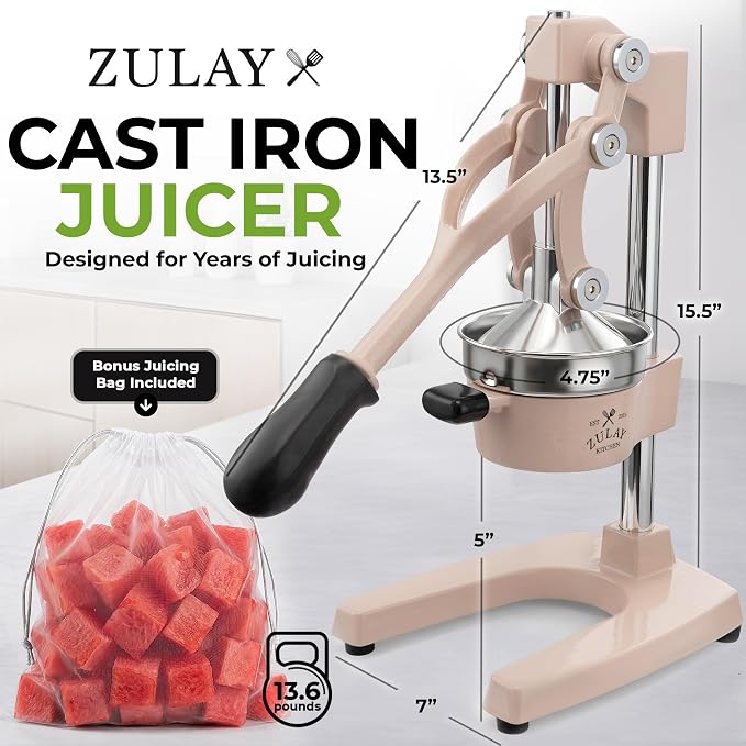 Zulay Kitchen Cast Iron Juicer - Heavy Duty Manual Juicer with Detachable Strainers for Easy Cleaning, Orange Juice Press for Citrus Fruits, Perfect for Bartenders, Juice Lovers & Health Enthusiasts