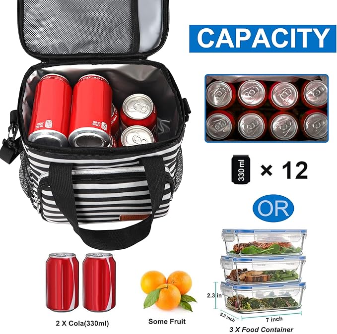 Lunch Bags for Women/Men, Insulated Lunch Bag for Work Office Picnic - Lunch Cooler Bag Leakproof Lunch Box with Adjustable Shoulder Strap - Stripe