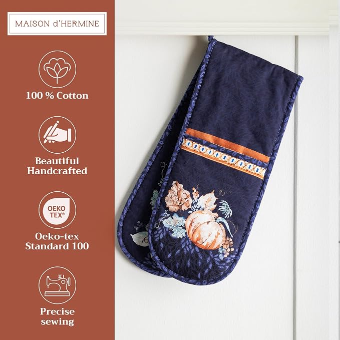 Maison d' Hermine Double Oven Mitts 100% Cotton Double Oven Glove (7"x35") | Heat Resistant BBQ Cooking Gloves with Loop Baking Kitchen Home Hotel Farmhouse Thanksgiving Christmas - Pumpkin Blues