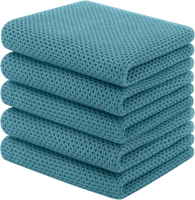 Homaxy 100% Cotton Waffle Weave Kitchen Towels, 5-Pack, Lake Blue | 13 x 28 Inches, Ultra Soft Absorbent Dish Towels, Quick Drying Cleaning Towels