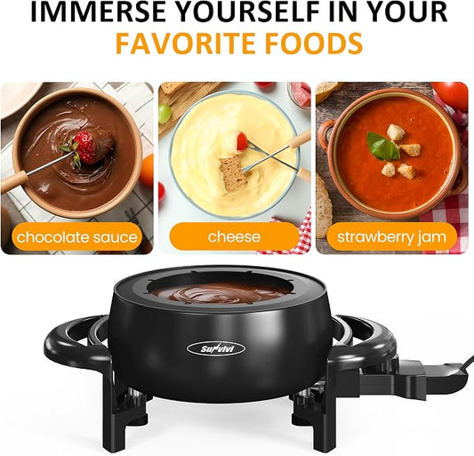 Sunvivi 3 Quarts Electric Fondue Pot Set for Cheese & Chocolate,Temperature Control, 8-Color Coded Forks, for Cheese, Chocolate, Hot Oil, Broth
