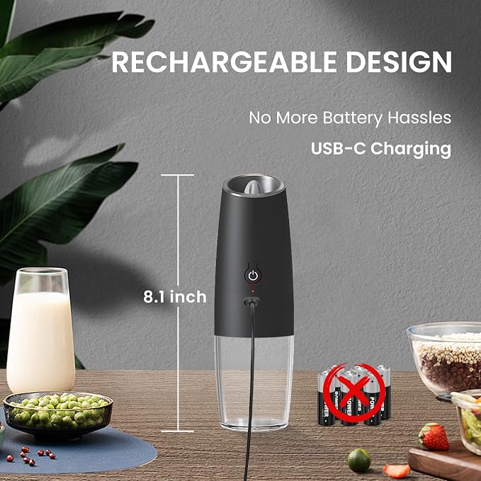 Rechargeable Salt And Pepper Grinder Set with LED Light, Automatic Electric Gravity Salt And Pepper Shakers Set, No Battery Needed, Adjustable Roughness, 2 Pack (Black)