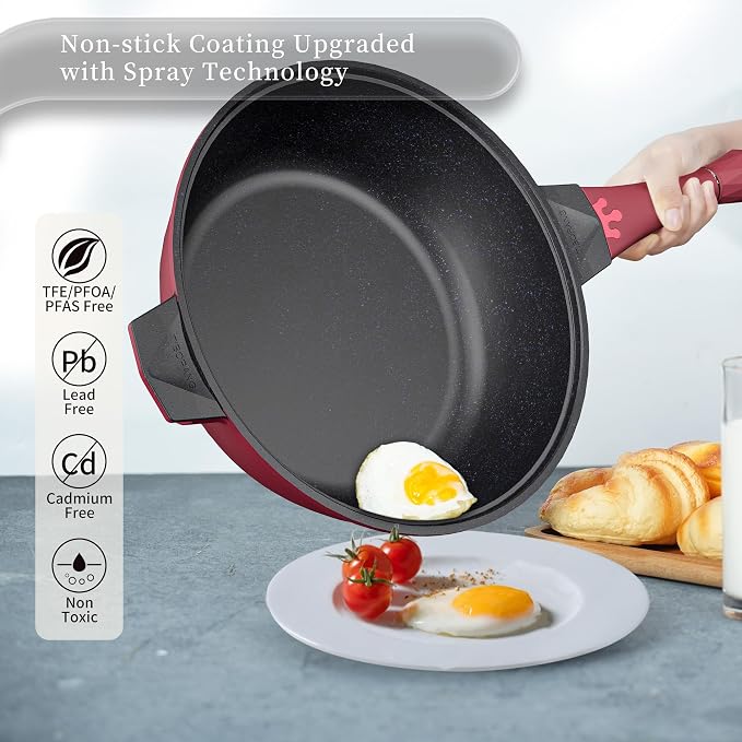 TIBORANG 11 Inch Nonstick Frying Pan with Lid,8-in-1 Multipurpose Cookware | 5 Qt Deep Sauté Pan Skillet with Steamer, PFOA-Free, Dishwasher & Oven Safe, Induction Compatible, Stay-Cool Handle,Ruby Red
