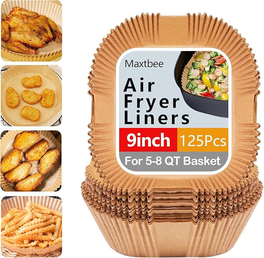 9 Inch Air Fryer Liners, 125PCS Non-Stick Air Fryer Paper Liners Disposable, Oil-Proof & High-Temperature Resistant Square Baking Paper for Air Fryer, Microwave and Oven（Bottom Is 8 Inch）