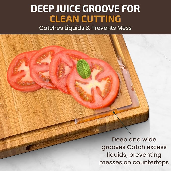 Wood Cutting Board for Kitchen - 1 Inch Thick Bamboo Wooden Chopping Board, Butcher Block Cutting Board with Juice Groove, Handles, Large Meat Cutting Board, Charcuterie Serving Board, 16 x 11