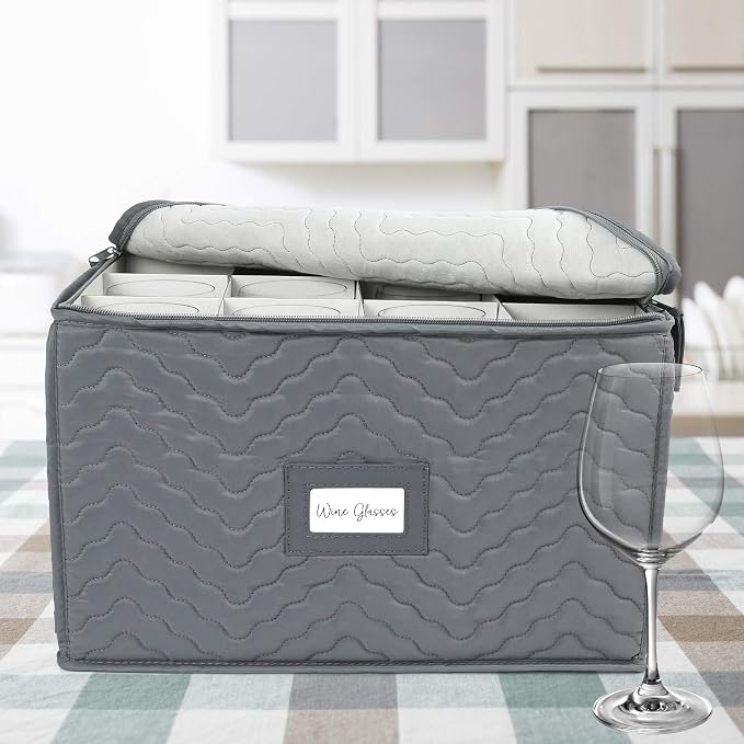 LotFancy Stemware Storage Container - Deluxe Quilted Storage Case with Dividers for 12 - Wine Glasses, Champagne Flutes, Glassware, Drinkware Storage Box Chest, 15.5"x12.5"x 10", Gray