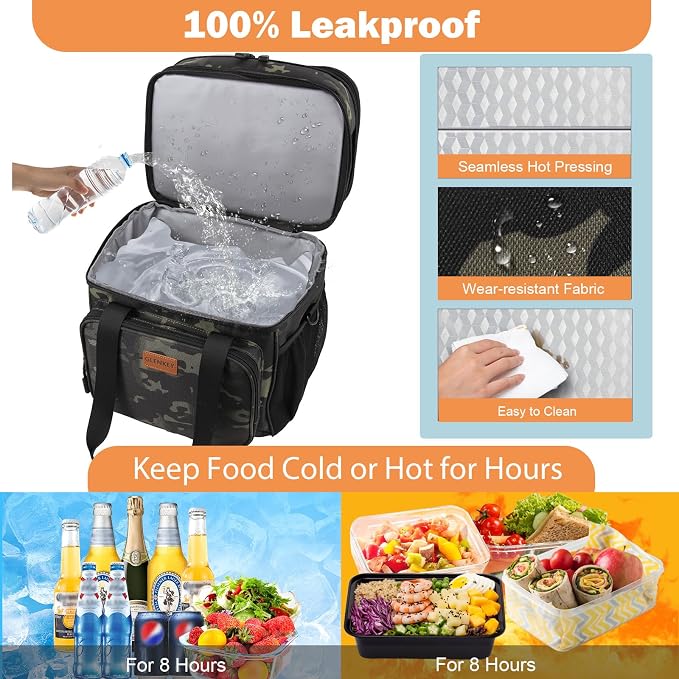 GLENKEY Expandable Lunch Box Cooler Bag - Insulated Soft Lunch Bag for Men Women - Large Lunchbox for Adults Work Camping Outdoor Travel Black Camo 22L