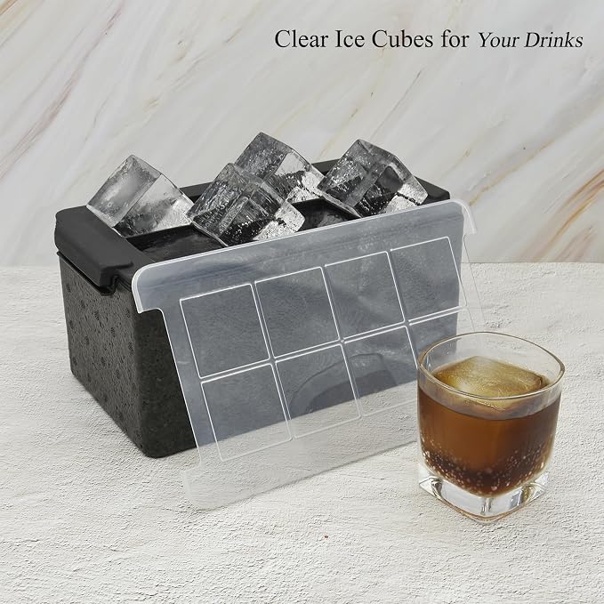 Bangp Crystal Clear Ice Cube Maker with Reusable Ice Storage Bag | Clear Ice Cube Mold with Lid Makes 8 Large 2" Square Pure Ice Cubes for Whiskey,Cocktails & Drinks,Whiskey Gifts for Men
