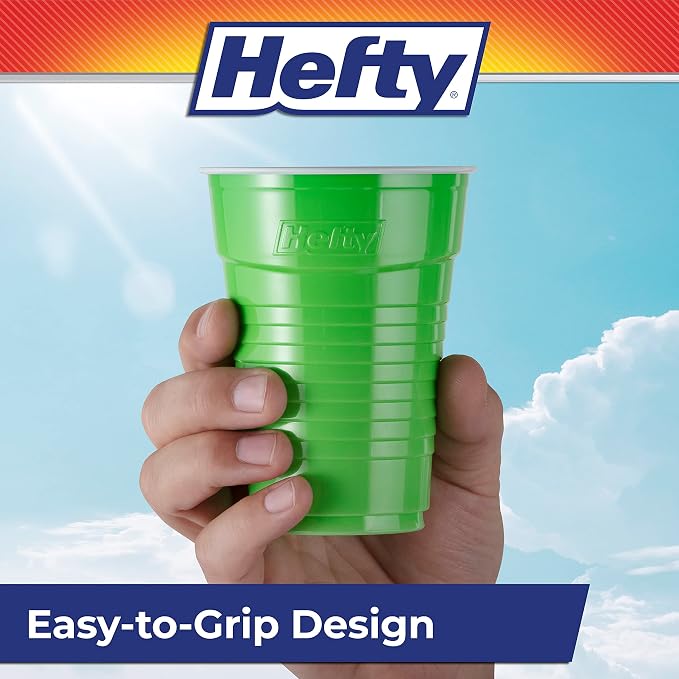 Hefty Party On Disposable Plastic Cups, Assorted, 16 Ounce, 100 Count | Bulk Pack, Disposable Plastic Cups for Parties, 4 Fun Colors, Easy-to-Grip Design, Ideal for Large Tailgates, BBQs, Birthdays