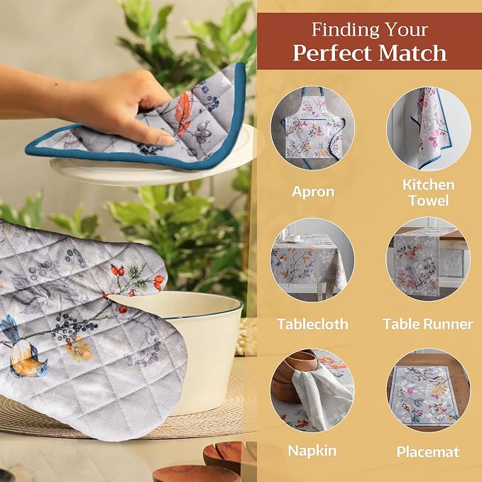 Maison d' Hermine Pot Holders 100% Cotton Potholders (8" x 8", Pack of 2) | Heat Resistant Hot Pads with Loop BBQ Cooking Baking Hotel Kitchen Handling Hot Pans Thanksgiving Christmas - Equinoxe - Grey