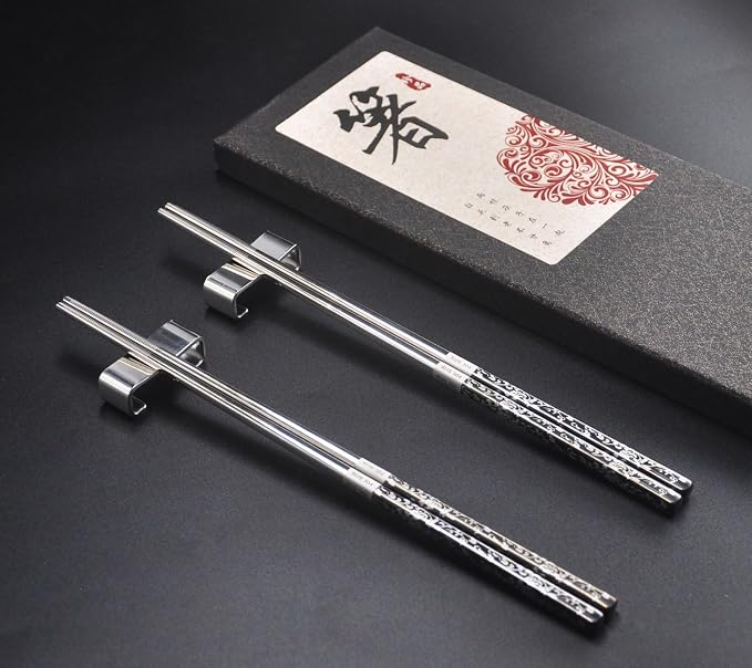 Metal Chop Sticks Reusable Dishwasher Safe with Holder, SUS 304 Stainless Steel Chopsticks, Elegant Chopsticks Reusable Non-Slip Design Gift Set (Metal)