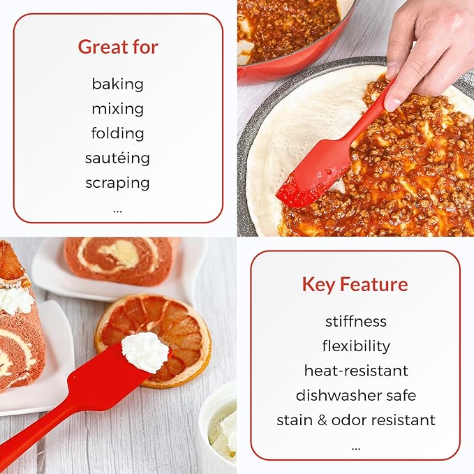 Elihome Chef Series 3 Piece Silicone Spatula Set - 600°F Heat Resistant Non Stick Rubber Kitchen Scraper Spatulas for Cooking, Baking, and Mixing – BPA Free and LFGB Certified Silicone (Red)