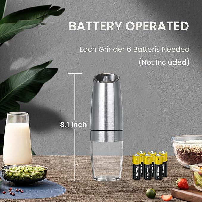 Battery Operated Salt And Pepper Grinder Set with LED Light, Automatic Electric Gravity Salt And Pepper Shakers Set, Each 6 AAA Batteries Needed, Adjustable Roughness, 2 Pack (Silver)