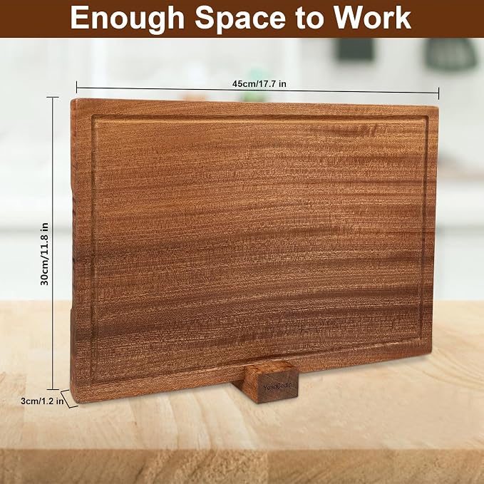 Wooden Cutting Boards For Kitchen Real Solid Sapele Wood Chopping Board One Piece Thick Hard No Glue Non Toxic With Juice Groove And Stand All Whole Single Wood Butcher Block (18 * 12 * 1.2Inch)
