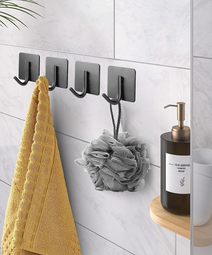 xdgeLoad Adhesive Hooks, 4 Pack Towel Hooks Wall Hooks for Hanging, Stick on Hooks, Adhesive Towel Hooks for Bathroom Door Hanger Kitchen Closet Cabinet Stainless Steel-Matte Dark Gray