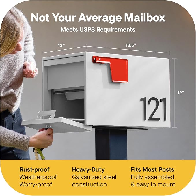 Adoorn Lockable Post Mount Mailboxes for Outside - Small Anti-Theft Locking Mailbox for Packages and Letters - Weatherproof Construction - Durable Steel - 12" H x 12" W x 18.5" D - White