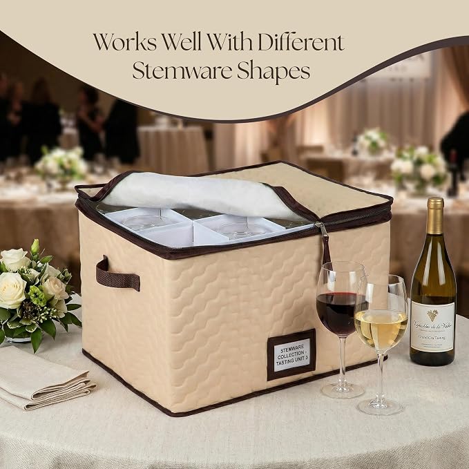 Wine Glass Storage Box with Dividers, Holds 12 Glasses up to 3.75" Wide | 2 Pack, Stemware Storage Case, Protects Fine China, Durable Quilted Microfiber, Carry Handles, Ideal for White Wine