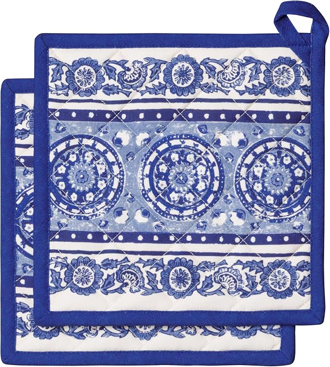 Maison d' Hermine Pot Holders 100% Cotton Potholders (8" x 8", Pack of 2) | Heat Resistant Hot Pads with Loop BBQ Cooking Baking Farmhouse Kitchen Handling Hot Pans Spring Summer - Melodie Bleue