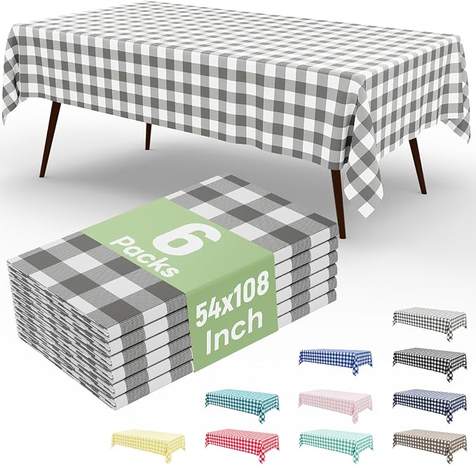 6 Packs Buffalo Disposable Table Cloth, 54 x 108 Inch Waterproof Plastic Tablecloth, Rectangle Grey and White Checkered Table Covers for Picnic, Birthday, Party, Back to School
