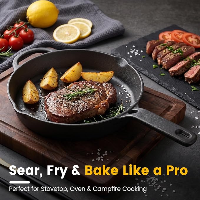 10 Inch Cast Iron Skillet, Pre-Seasoned Frying Pan with Dual Pour Spouts | Heavy Duty Cast Iron Pan for Steak, Eggs and Bacon, Works on Stovetop, Oven, Grill, Induction and Campfire, 3-Quart Capacity.